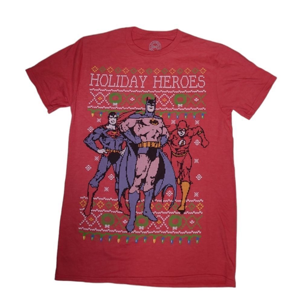 DC Holiday Heroes‎ Batman Superman The Flash red short sleeve tee shirt M